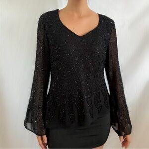 Vintage 90s black beaded whimsygoth long sleeve blouse top evening JKARA large